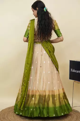 Beautiful South Indian Style Semi-Stitched Half Saree with  Blouse and Hand Work Dupatta for Women