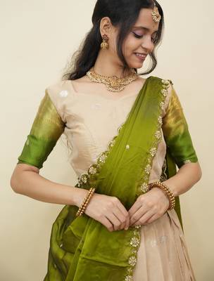 Beautiful South Indian Style Semi-Stitched Half Saree with  Blouse and Hand Work Dupatta for Women 3