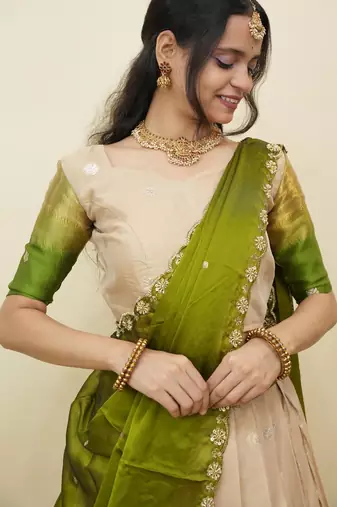 Beautiful South Indian Style Semi-Stitched Half Saree with  Blouse and Hand Work Dupatta for Women