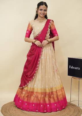 Beautiful South Indian Style Semi-Stitched Half Saree with  Blouse and Hand Work Dupatta for Women 1