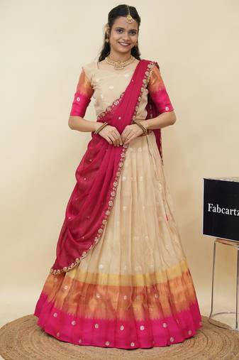 Beautiful South Indian Style Semi-Stitched Half Saree with  Blouse and Hand Work Dupatta for Women