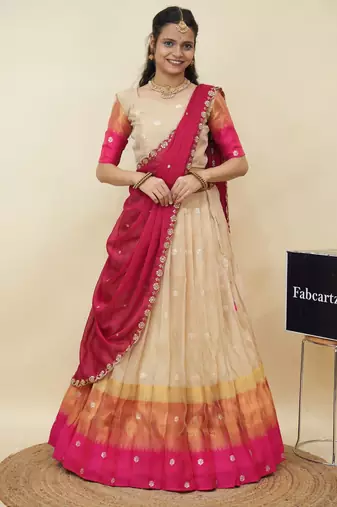 Beautiful South Indian Style Semi-Stitched Half Saree with  Blouse and Hand Work Dupatta for Women