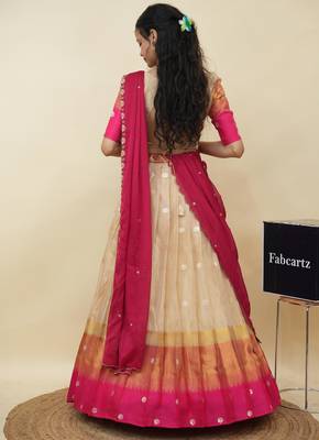 Beautiful South Indian Style Semi-Stitched Half Saree with  Blouse and Hand Work Dupatta for Women 2