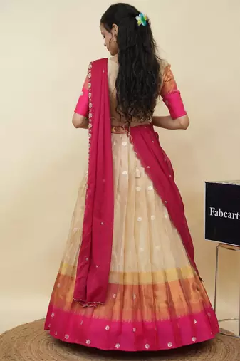 Beautiful South Indian Style Semi-Stitched Half Saree with  Blouse and Hand Work Dupatta for Women
