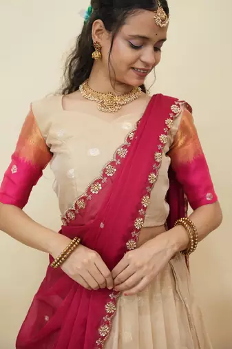 Beautiful South Indian Style Semi-Stitched Half Saree with  Blouse and Hand Work Dupatta for Women