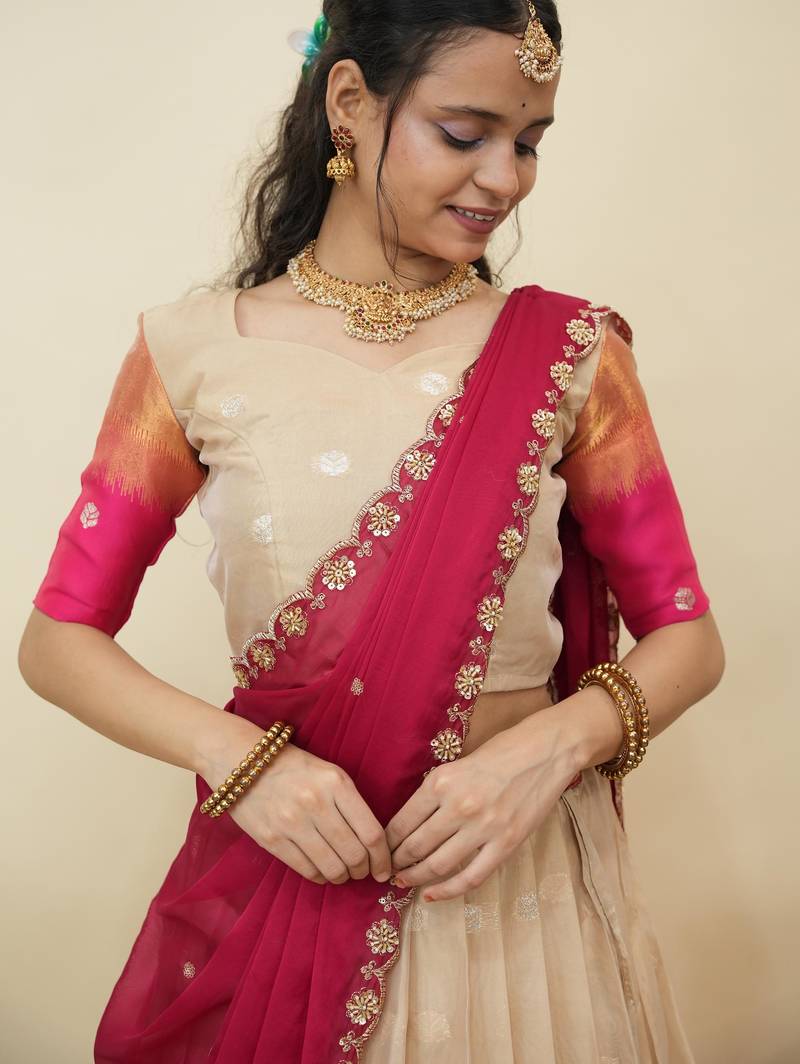 Beautiful South Indian Style Semi-Stitched Half Saree with  Blouse and Hand Work Dupatta for Women