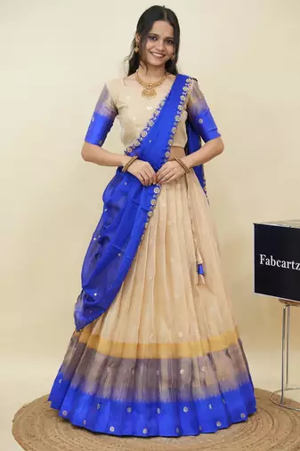 Beautiful South Indian Style Semi-Stitched Half Saree with  Blouse and Hand Work Dupatta for Women