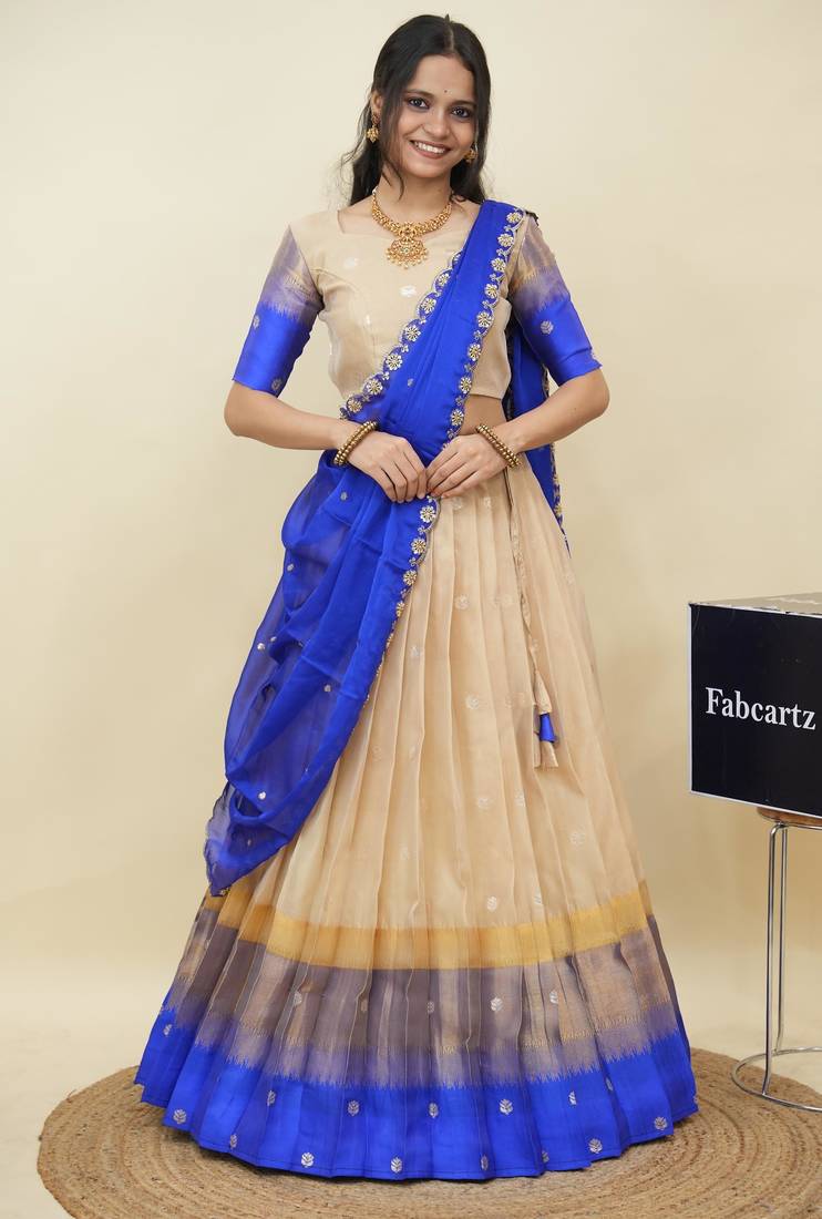 Beautiful South Indian Style Semi-Stitched Half Saree with  Blouse and Hand Work Dupatta for Women