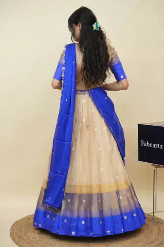 Beautiful South Indian Style Semi-Stitched Half Saree with  Blouse and Hand Work Dupatta for Women