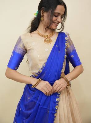 Beautiful South Indian Style Semi-Stitched Half Saree with  Blouse and Hand Work Dupatta for Women 3