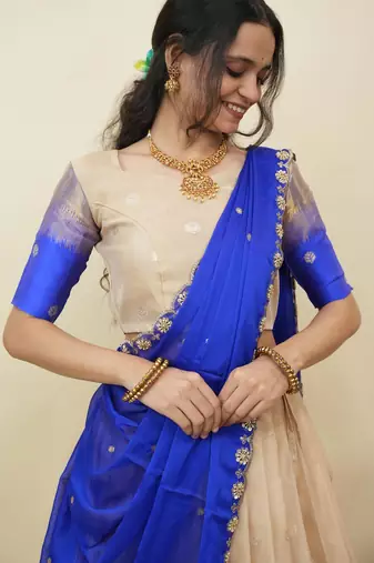 Beautiful South Indian Style Semi-Stitched Half Saree with  Blouse and Hand Work Dupatta for Women