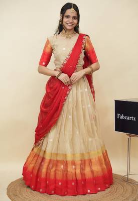 Beautiful South Indian Style Semi-Stitched Half Saree with  Blouse and Hand Work Dupatta for Women 1