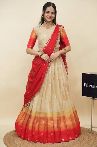 Beautiful South Indian Style Semi-Stitched Half Saree with  Blouse and Hand Work Dupatta for Women