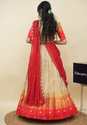 Beautiful South Indian Style Semi-Stitched Half Saree with  Blouse and Hand Work Dupatta for Women 2