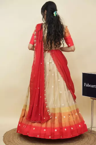 Beautiful South Indian Style Semi-Stitched Half Saree with  Blouse and Hand Work Dupatta for Women