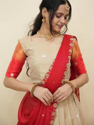 Beautiful South Indian Style Semi-Stitched Half Saree with  Blouse and Hand Work Dupatta for Women 3