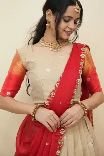 Beautiful South Indian Style Semi-Stitched Half Saree with  Blouse and Hand Work Dupatta for Women