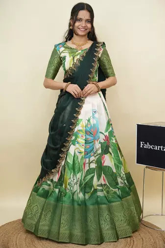 Beautiful South Indian Style Semi-Stitched Half Saree with Blouse and Dupatta for Women