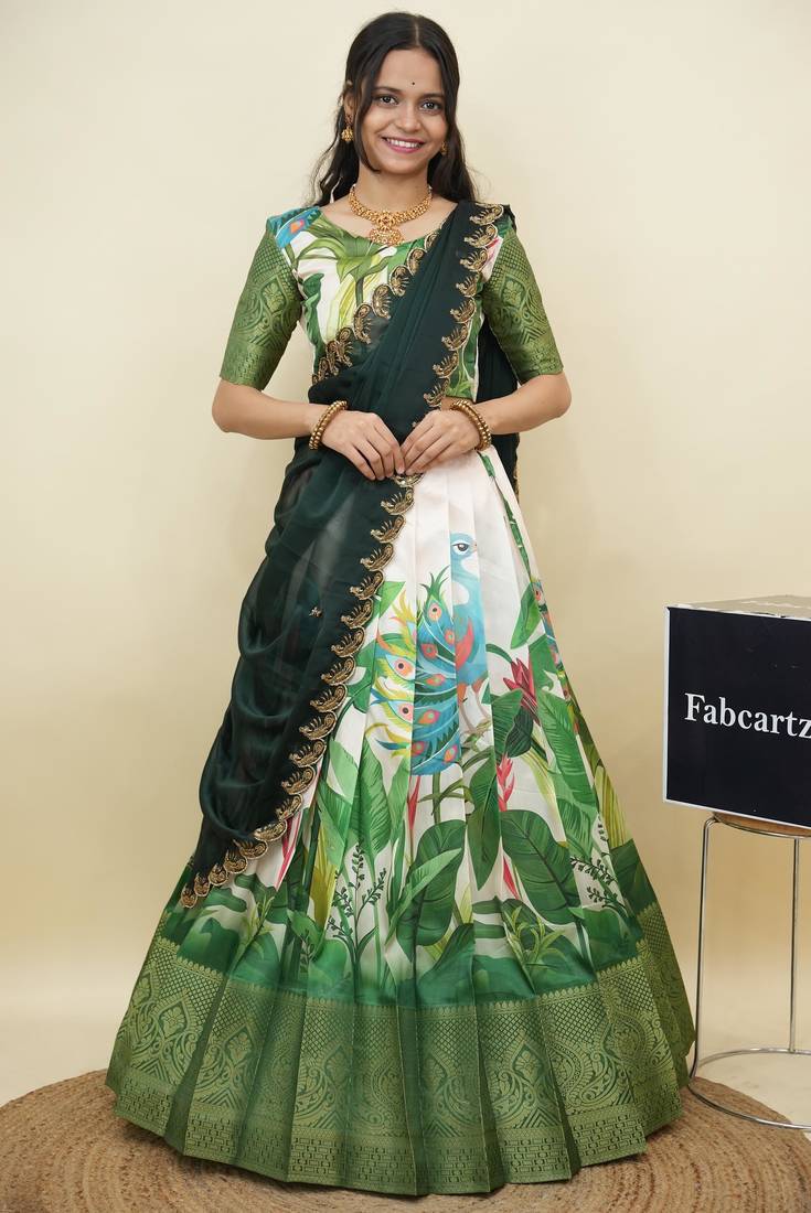 Beautiful South Indian Style Semi-Stitched Half Saree with Blouse and Dupatta for Women