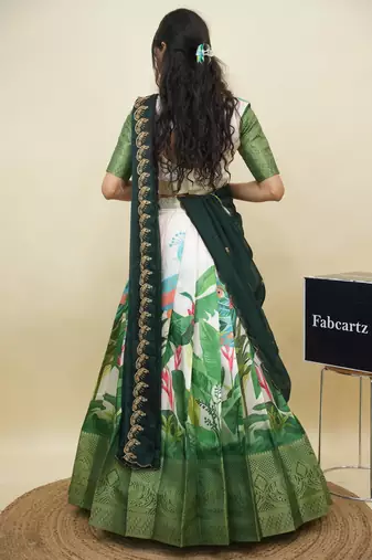 Beautiful South Indian Style Semi-Stitched Half Saree with Blouse and Dupatta for Women
