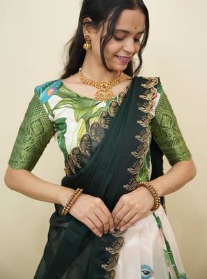 Beautiful South Indian Style Semi-Stitched Half Saree with Blouse and Dupatta for Women 3