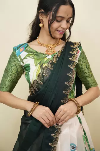 Beautiful South Indian Style Semi-Stitched Half Saree with Blouse and Dupatta for Women