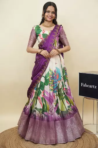 Beautiful South Indian Style Semi-Stitched Half Saree with Blouse and Dupatta for Women
