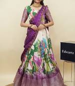 Beautiful South Indian Style Semi-Stitched Half Saree with Blouse and Dupatta for Women