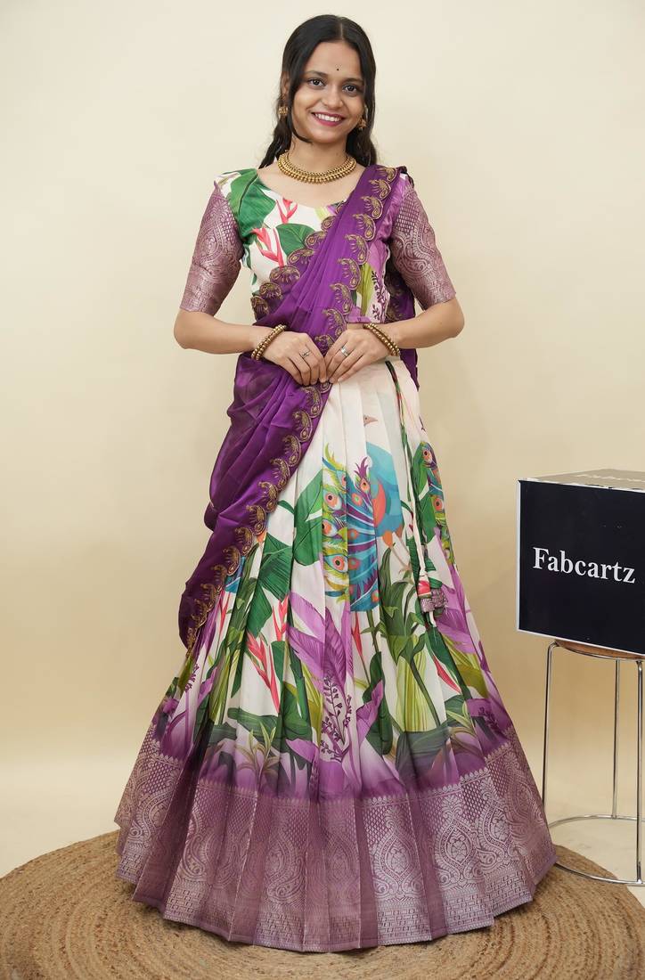 Beautiful South Indian Style Semi-Stitched Half Saree with Blouse and Dupatta for Women