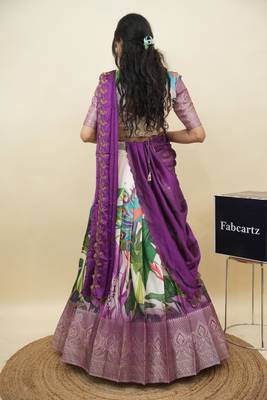 Beautiful South Indian Style Semi-Stitched Half Saree with Blouse and Dupatta for Women 2