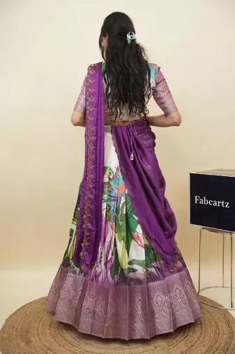 Beautiful South Indian Style Semi-Stitched Half Saree with Blouse and Dupatta for Women