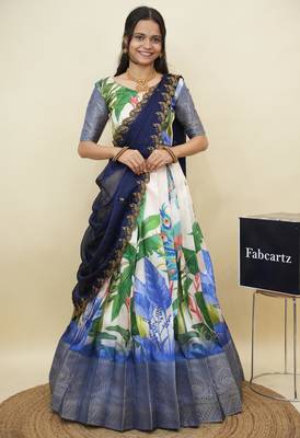 Beautiful South Indian Style Semi-Stitched Half Saree with Blouse and Dupatta for Women 1