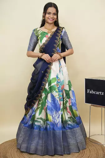 Beautiful South Indian Style Semi-Stitched Half Saree with Blouse and Dupatta for Women