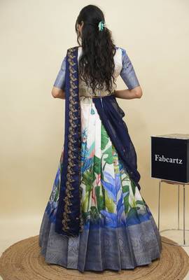 Beautiful South Indian Style Semi-Stitched Half Saree with Blouse and Dupatta for Women 2