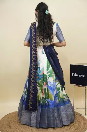 Beautiful South Indian Style Semi-Stitched Half Saree with Blouse and Dupatta for Women