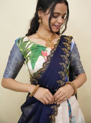 Beautiful South Indian Style Semi-Stitched Half Saree with Blouse and Dupatta for Women 3