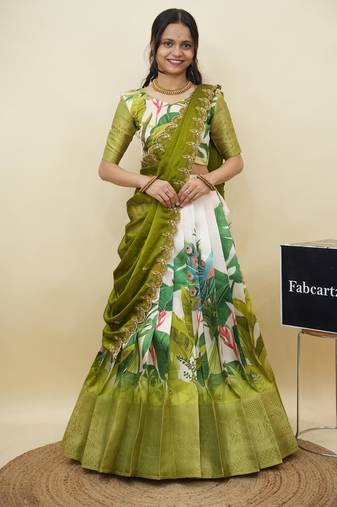 Beautiful South Indian Style Semi-Stitched Half Saree with Blouse and Dupatta for Women