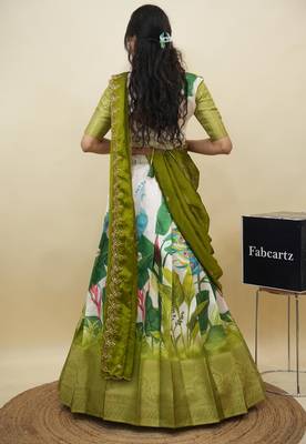 Beautiful South Indian Style Semi-Stitched Half Saree with Blouse and Dupatta for Women 2