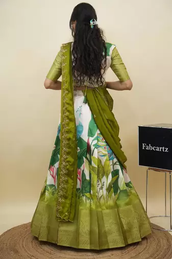 Beautiful South Indian Style Semi-Stitched Half Saree with Blouse and Dupatta for Women