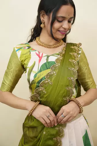 Beautiful South Indian Style Semi-Stitched Half Saree with Blouse and Dupatta for Women