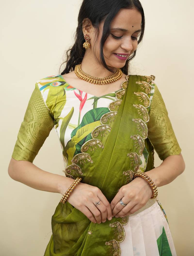 Beautiful South Indian Style Semi-Stitched Half Saree with Blouse and Dupatta for Women