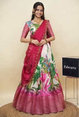 Beautiful South Indian Style Semi-Stitched Half Saree with Blouse and Dupatta for Women 1
