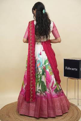 Beautiful South Indian Style Semi-Stitched Half Saree with Blouse and Dupatta for Women 2