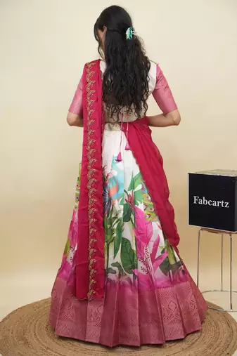Beautiful South Indian Style Semi-Stitched Half Saree with Blouse and Dupatta for Women