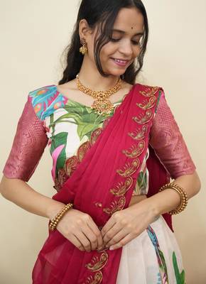 Beautiful South Indian Style Semi-Stitched Half Saree with Blouse and Dupatta for Women 3
