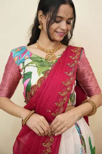 Beautiful South Indian Style Semi-Stitched Half Saree with Blouse and Dupatta for Women