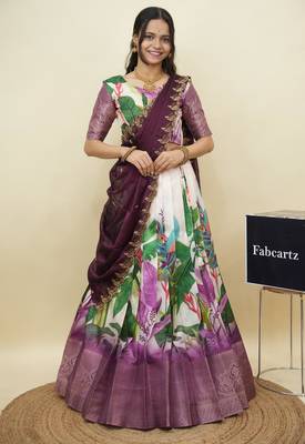 Beautiful South Indian Style Semi-Stitched Half Saree with Blouse and Dupatta for Women 1