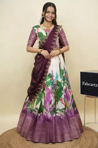 Beautiful South Indian Style Semi-Stitched Half Saree with Blouse and Dupatta for Women