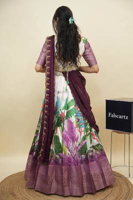 Beautiful South Indian Style Semi-Stitched Half Saree with Blouse and Dupatta for Women 2
