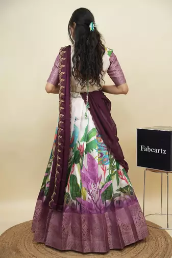 Beautiful South Indian Style Semi-Stitched Half Saree with Blouse and Dupatta for Women
